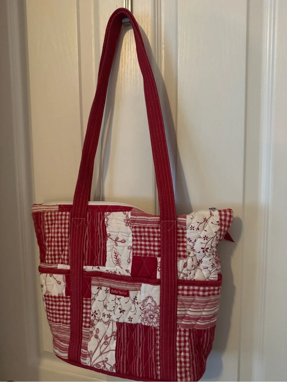 Quilted Patchwork Tote Bag in Red and Cream